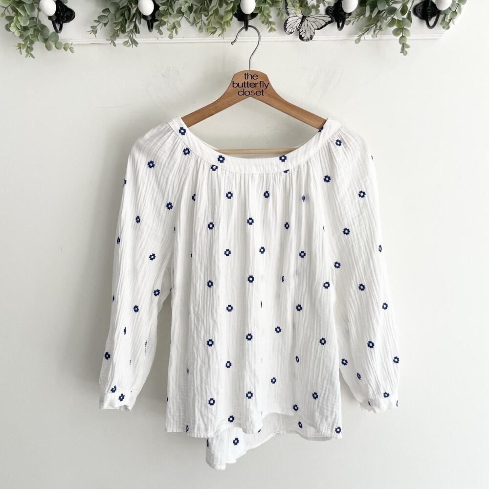 Madewell lightspun White And Blue Embroidered Wide Neck Blouse Size S #8-900